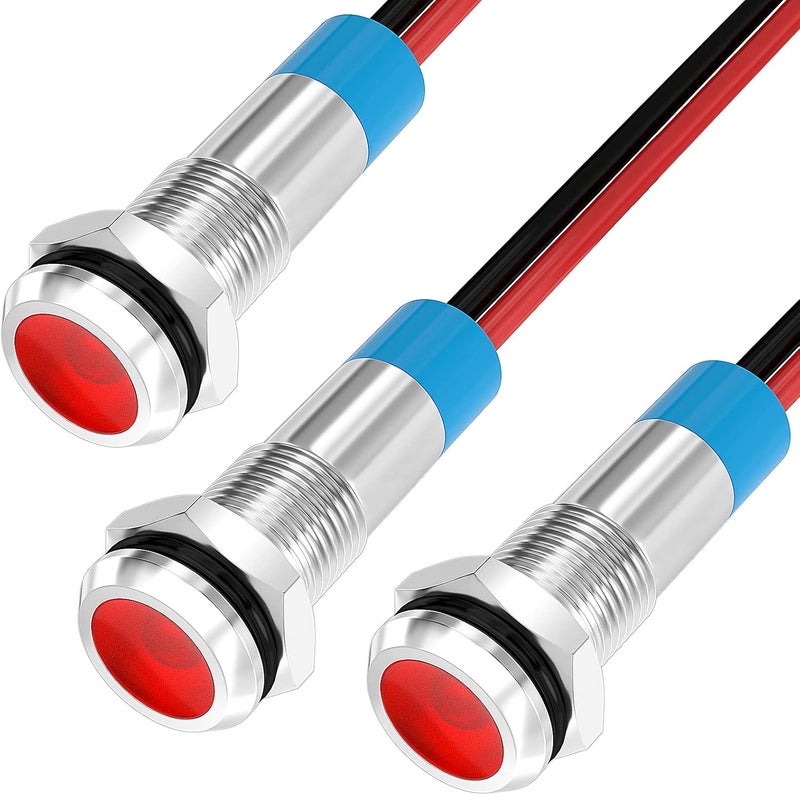 DAIERTEK LED Indicator Light 12V Waterproof Red Signal Light Waterproof 6MM 1/4" Metal 12 Volt Panel LED Indicator Signal Light Panel Mount Flat Head with Wires Silver Shell -3Pcs - Image 1